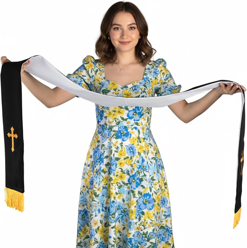 Eorbow 1 Pack Wedding Reversible Stole with Tassels, 75 Inch Clergy Mass Stoles with Cross, White Embroidered Priest Sash Stole, Pastor Shawl for Wedding Officiant Clergy Robe Cassock - Image 5